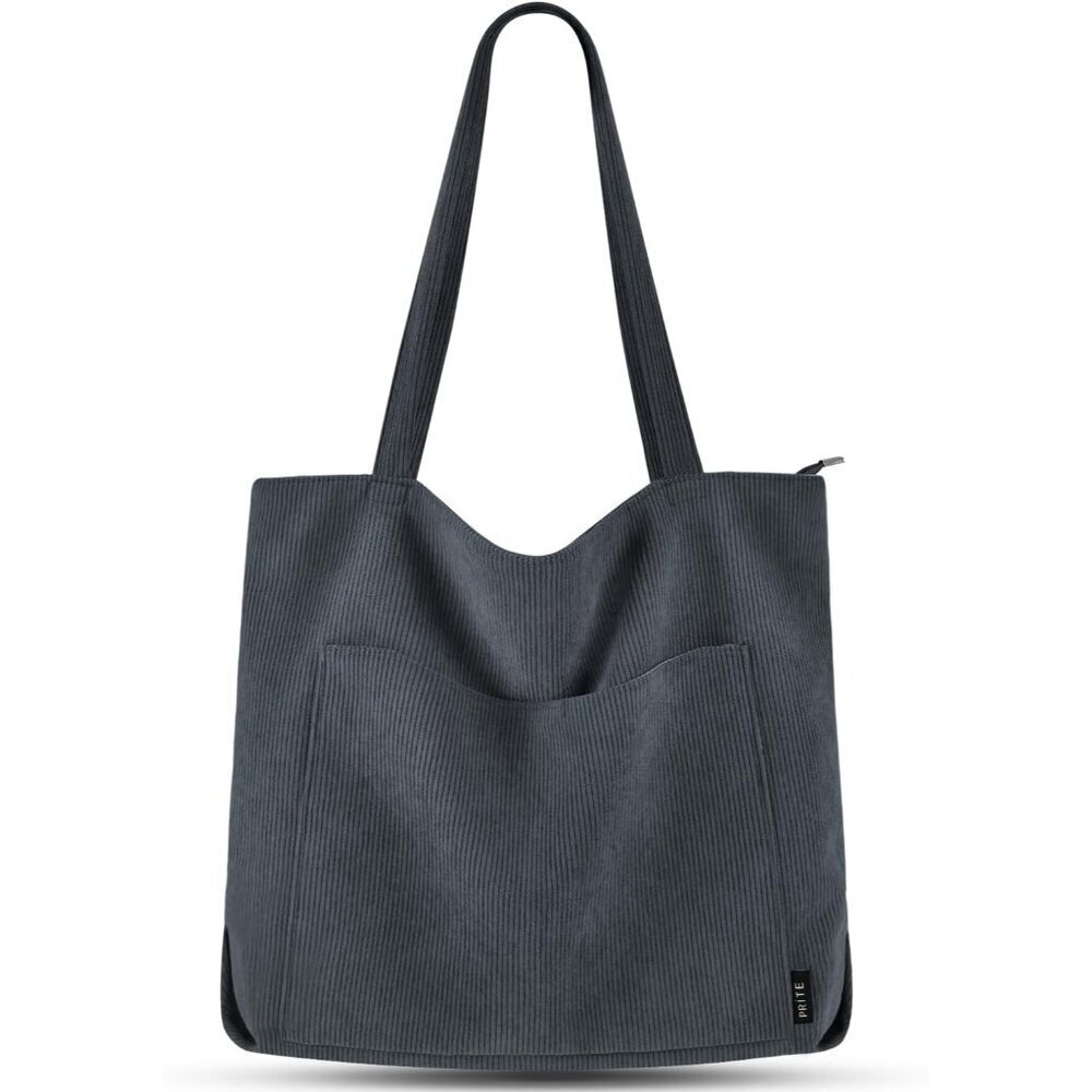 Women Grey Corduroy Large Shoulder Tote Shopping Bag with Zipper and Pockets